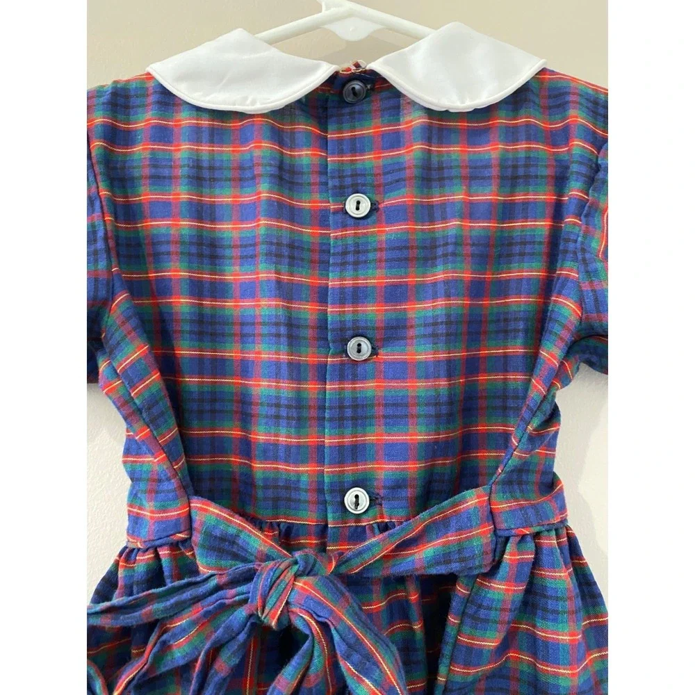 Polly Flanders Vintage Hand Smocked Dress Size 6 Plaid‎ White Collar Button Back